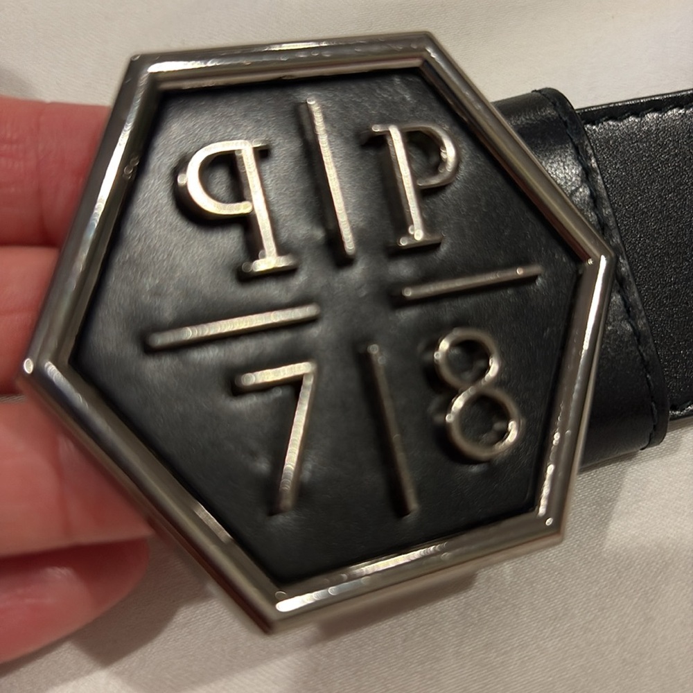 VGUC PHILIPP PLEIN PP 78 silver black leather belt sz 85 cm / US 34 Italy
